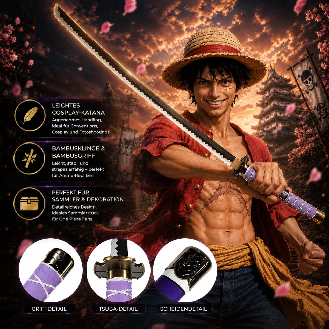 One Piece - Katana aus Holz mit Scheide, Samurai Schwerter, Holzschwert, Zoro Schwert, Bambusklinge, One Piece Katana, Animefans, Anime, Cosplays, Spielzeug für Kinder