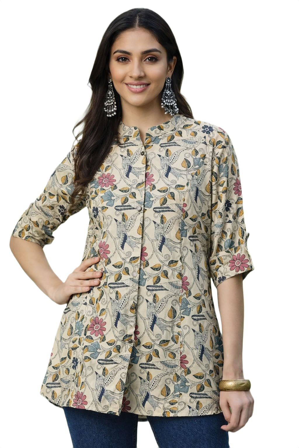 Women's Kalamkari Print Tunic Top, Beige Floral, Cotton, Mandarin Collar-picture-17