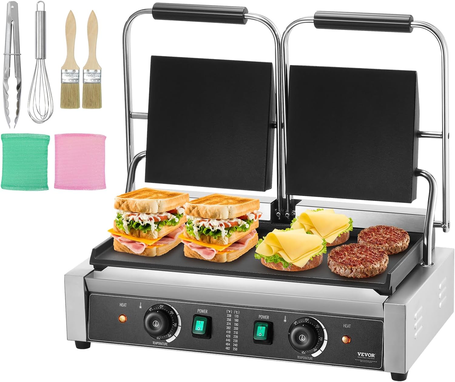 VEVOR Commercial Panini Grill, 3600W Electric Sandwich Panini Maker, Stainless Steel Double Sandwich Press, Panini Grill with Temp Control & 19"x9" Full Flat Enamel Plate, for Hamburger Steak Bacon 19"x 9" Flat