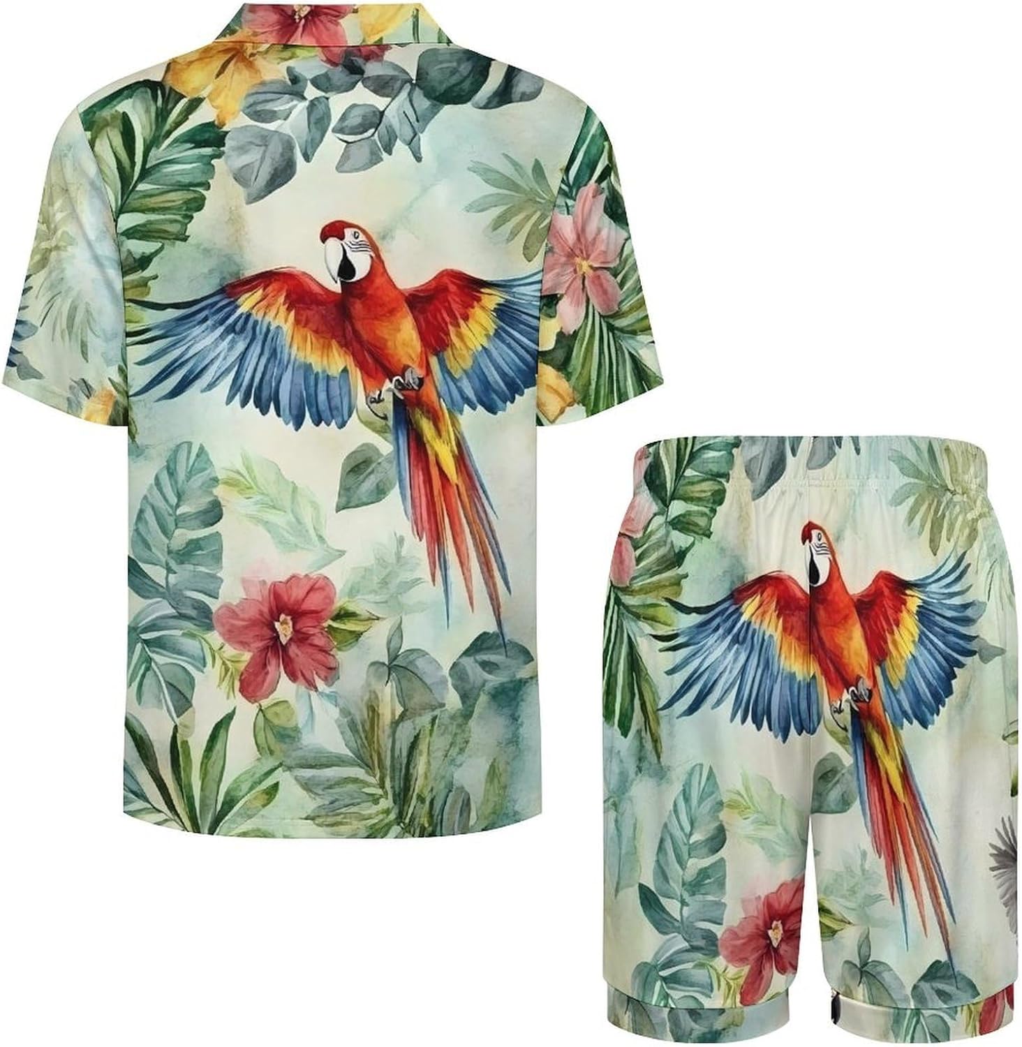 Vintage Jungle Animals Parrots Birds Men's Short Sleeve Pajama Set Satin Silk Like Lounge Sleepwear