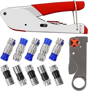 mxuteuk RG59 RG6 Coax Cable Crimper Kit Coaxial Compression Tool Fitting Wire Stripper With 10Pcs F Type RG6 Compression Connectors