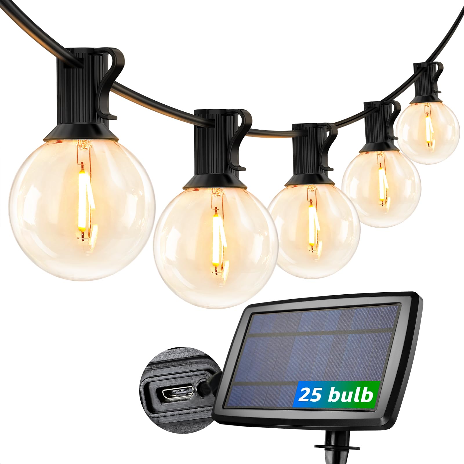 Lepro Guirnaldas Luces Exteriores Solar USB, 25+1 LEDs Bombillas G40, 7.62m | Cadena de Luz Solar, 4 Modo 2700K Guirnaldas Luminosas, IP65 Impermeable Decorativas para Jardín, Terraza, Patio, Fiesta