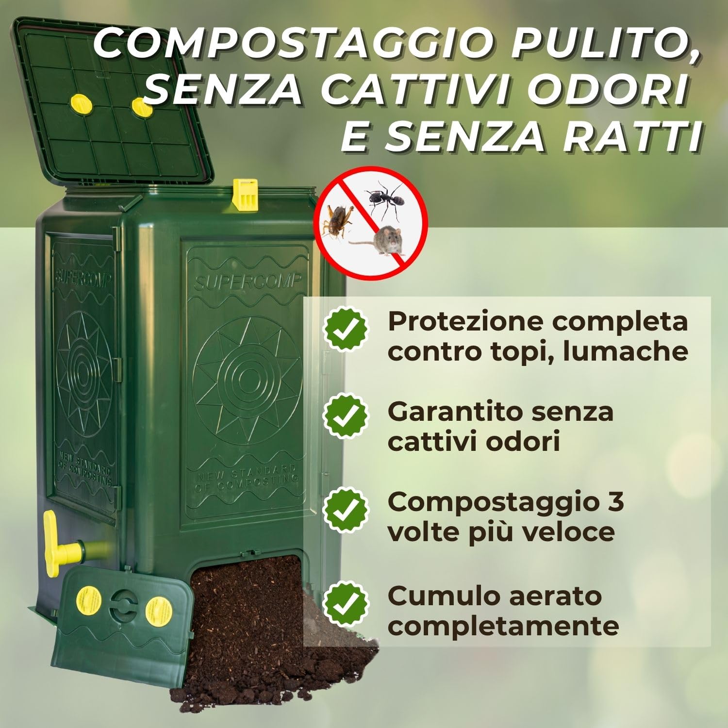 Compostiera 350Lt, Protezione Totale Anti-Roditori e Topi, Senza Cattivi Odori e rivoltamento compost, Aerazione Verticale, Resistente ai Raggi UV e al Gelo, Piano Base Incl.