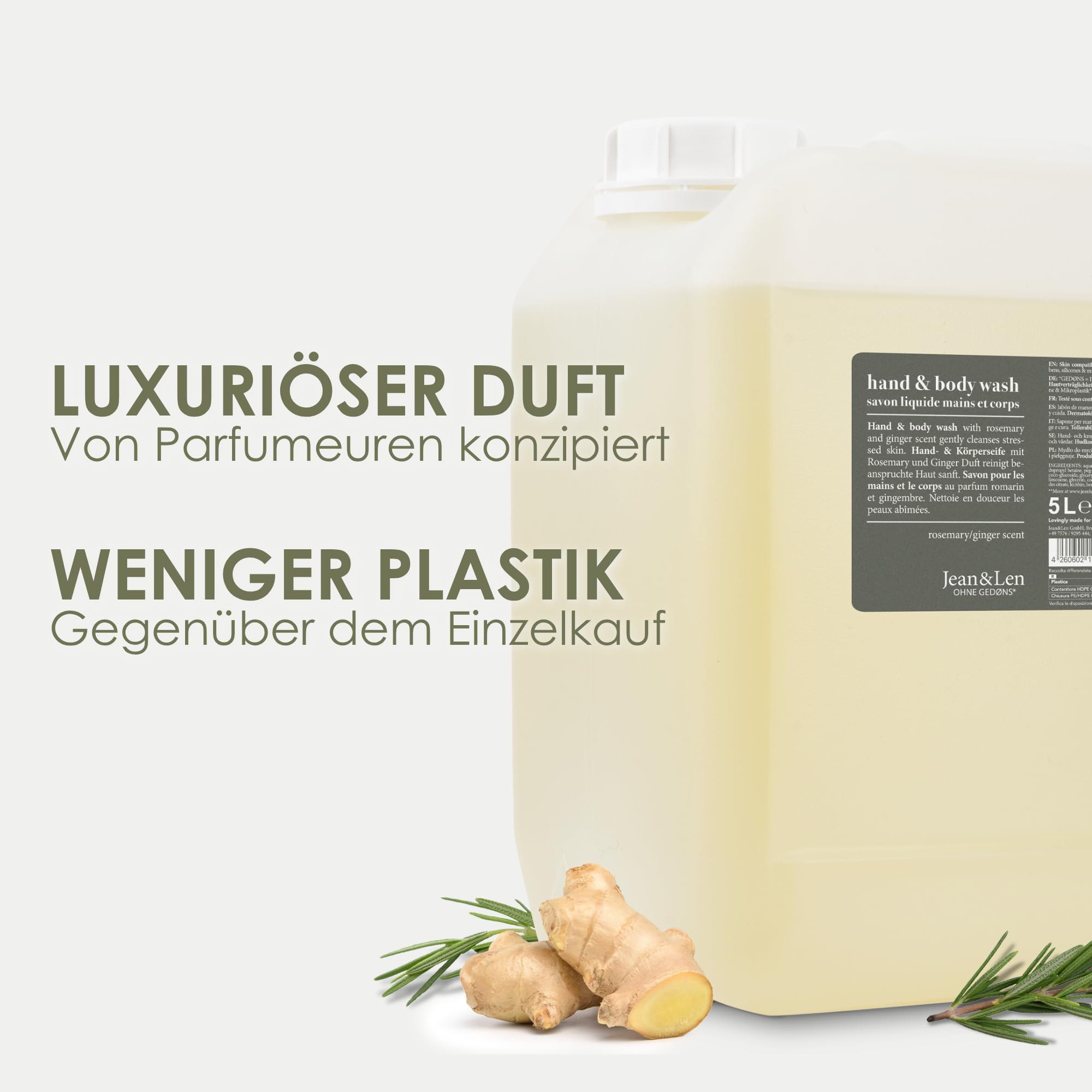 Jean & Len Hand & Body Wash Rosemary und Ginger im Kanister, reinigt und pflegt die Haut, würzig-frischer Duft, Flüssigseife im Nachfüllkanister, ohne Silikone, Parabene & Mikroplastik, 5L