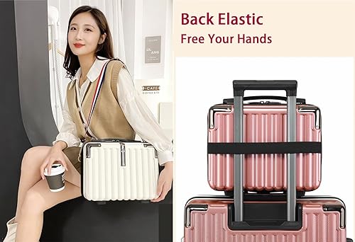 Miniatura 4 de Mini maleta rígida bolsa de maquillaje de viaje, estuche de cosméticos portátil con correa para el hombro para mujeres, Blanco (Whie)