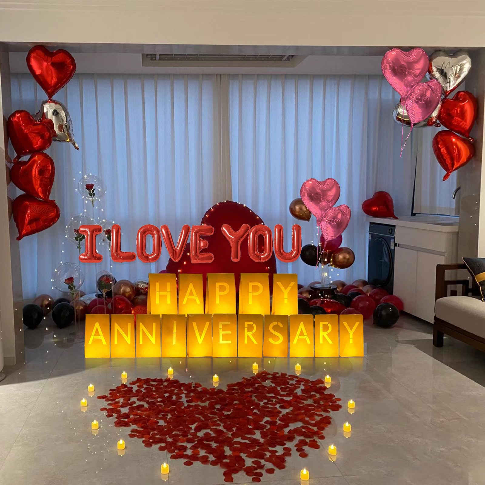 Happy Anniversary podświetlane litery znak 16 szt. oprawy papierowe torby 2000 szt. czerwone różowe płatki róży 48 szt. bezpłomieniowa świeca LED tealight 10 szt. balonów w kształcie serca romantyczna