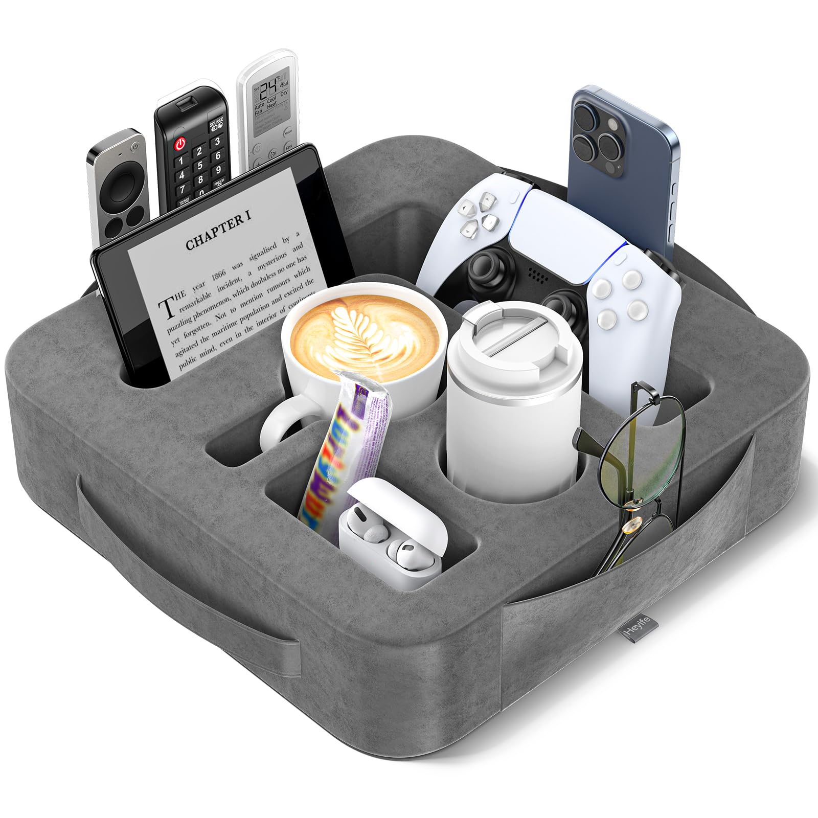 Couch Cup Holder Pillow, Sofa and Bed Caddy for iPad, Kindle, Switch, Game Controller, Remotes, Phones, Small-Sized Cup and Drink Holder for Couch, Bed, Desk, Car, Bathroom Cup Holder, Deep Gray
