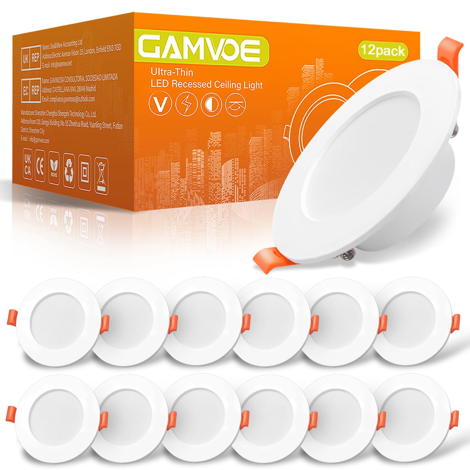 Recessed Ceiling Lights,GAMVOE Downlight for Ceiling 6W/5500K Natural White Light IP44 LED Spot Downlight Cut Diameter71-98mm Non Dimmable Ultra Slim Bathroom Spotlight for Kitchen,Living Room(12Pack)
