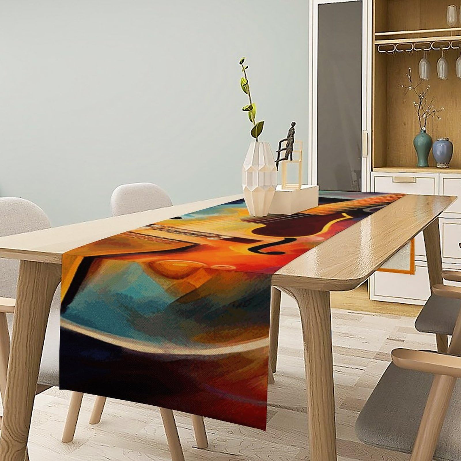 Abstract Watercolor Guitar Table Runner 13x72 Inch Linens Burlap Table Runner with Tassels Boho Farmhouse Table Runner for Kitchen Home Christmas Halloween Party Table Decor Tablecloth