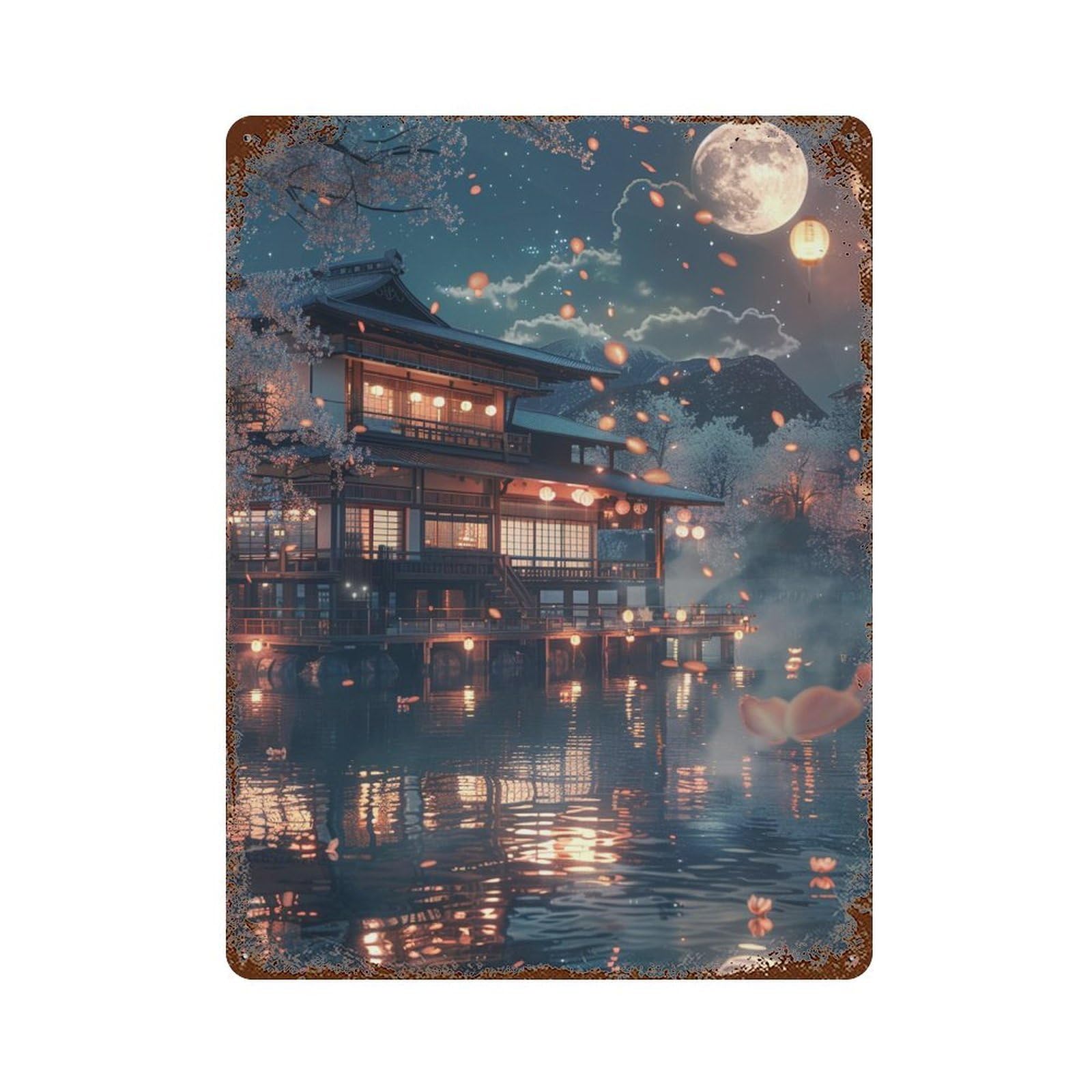 Cherry Blossom Moonlit Lake House Rusty Metal Tin Sign 15.7"x11.8", for Shed, Workshop And Garage Wall Decor, Novelty Wall Decor