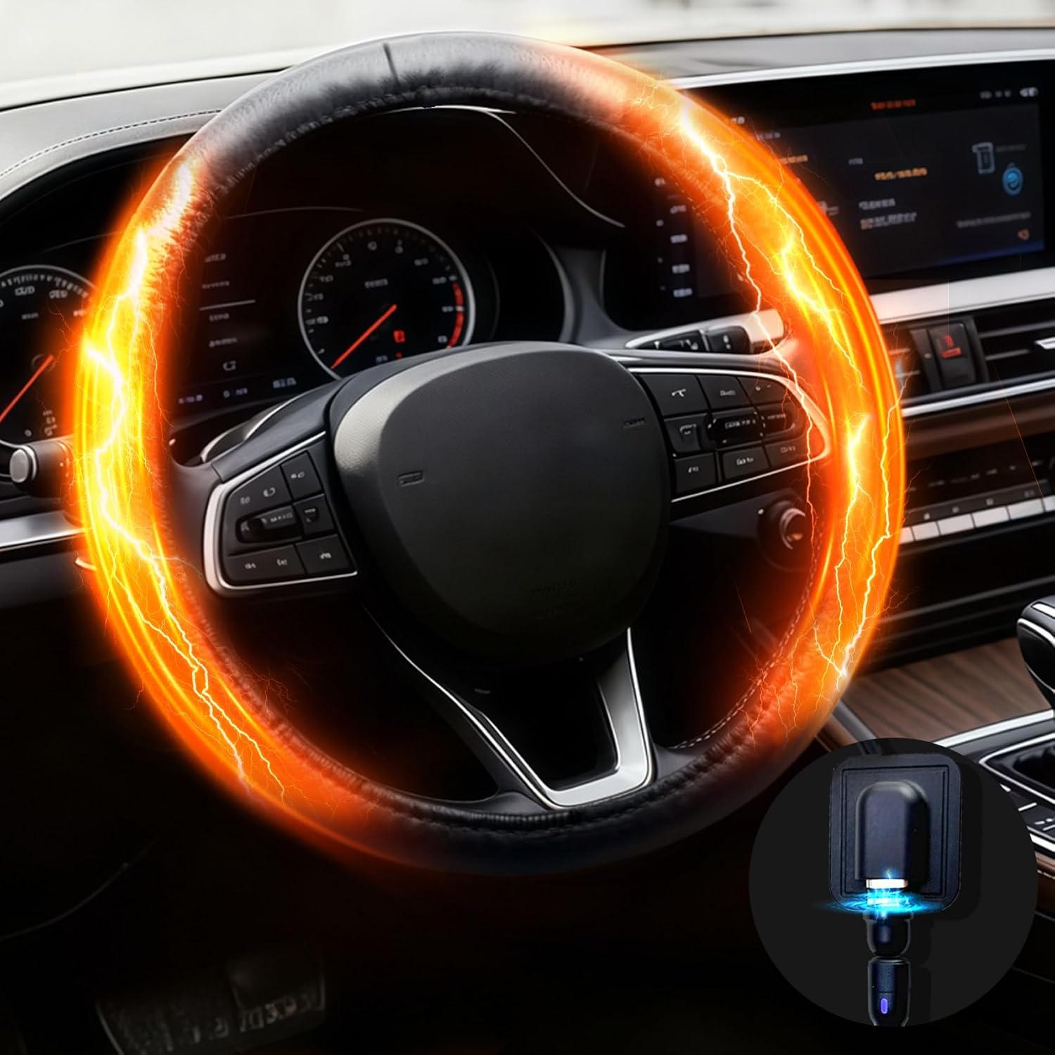 Heated Steering Wheel Cover - No Wrapped Around 14.5-15" Car Steering Wheel Cover Warmer, USB Rapid Heating Universal fit for Vehicles, Trucks, SUVs 14.5-15in