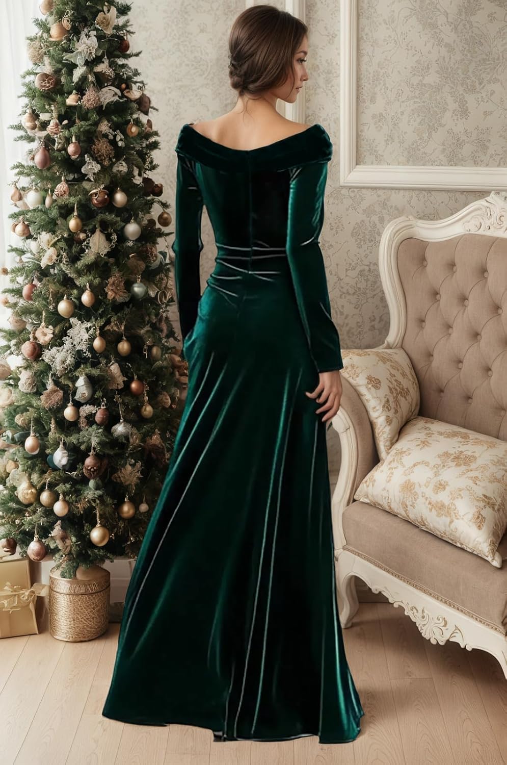 Long Sleeve Velvet Bridesmaid Dresses Scoop Neck Wrap Fall Formal Evening Party Gowns for Women - Image 2