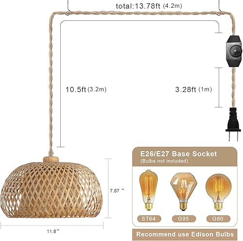 Miniatura 4 de Lámpara colgante de bambú con cable de luz tejido hecho a mano de 14 pies, interruptor regulable, lámpara colgante de cesta bohemia para dormitorio,
