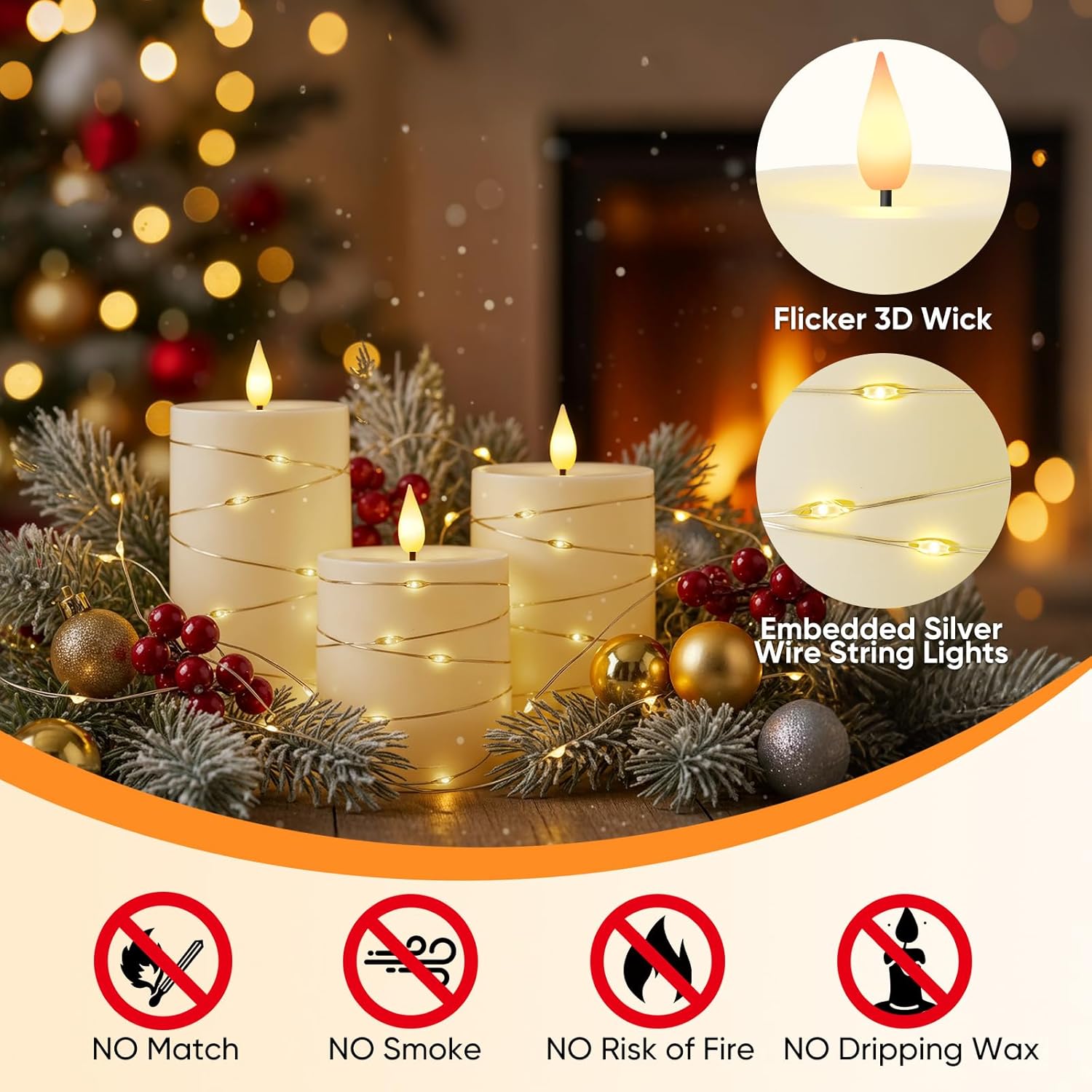 Raycare Flameless Candles with Remote Timer, Flickering Battery Operated LED Pillar Fake Candle with String Lights for Home Decor, Christmas, Wedding and Gift, Ivory, Set of 3