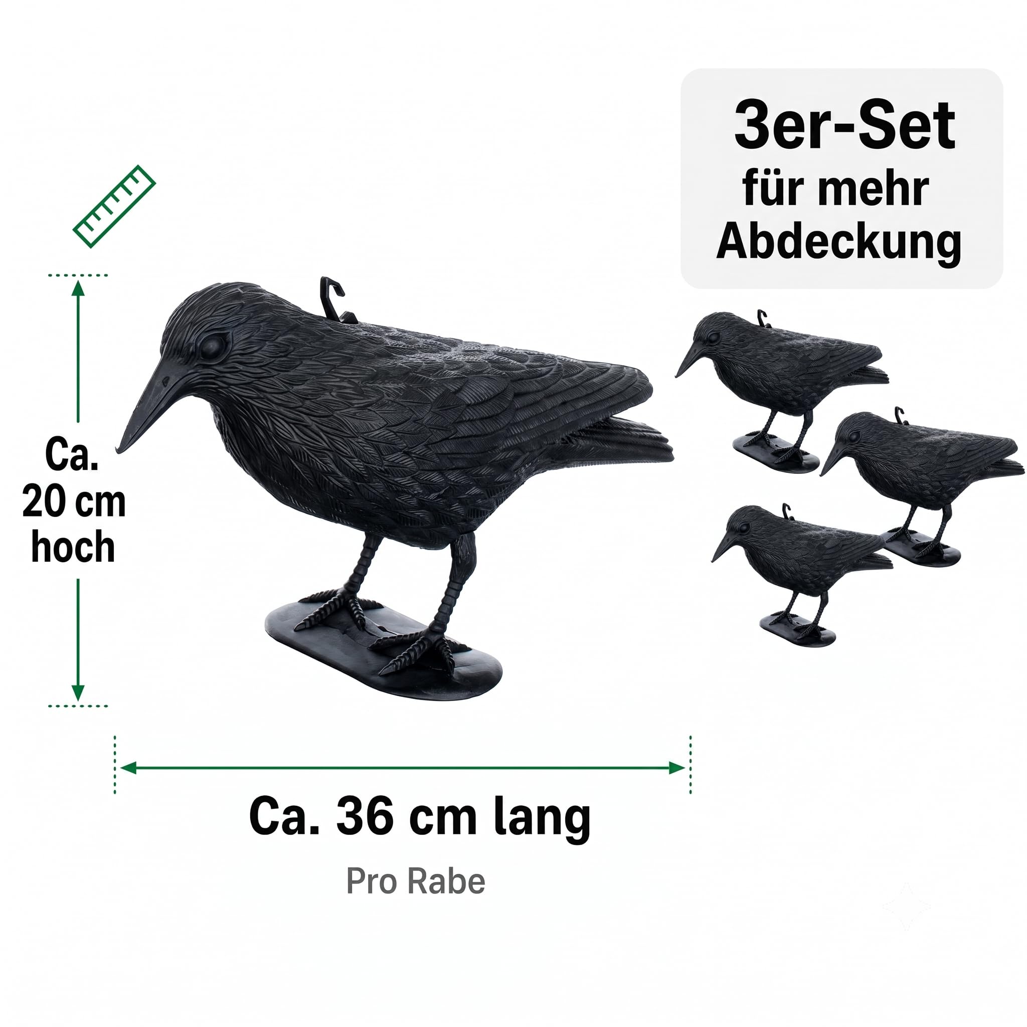 Brandsseller Corvo Nero in Plastica 36 x 20 cm Repellente per Piccioni Deterrente per Uccelli Contro Piccoli Uccelli e Piccioni Spaventatore per Animali - Set da 3