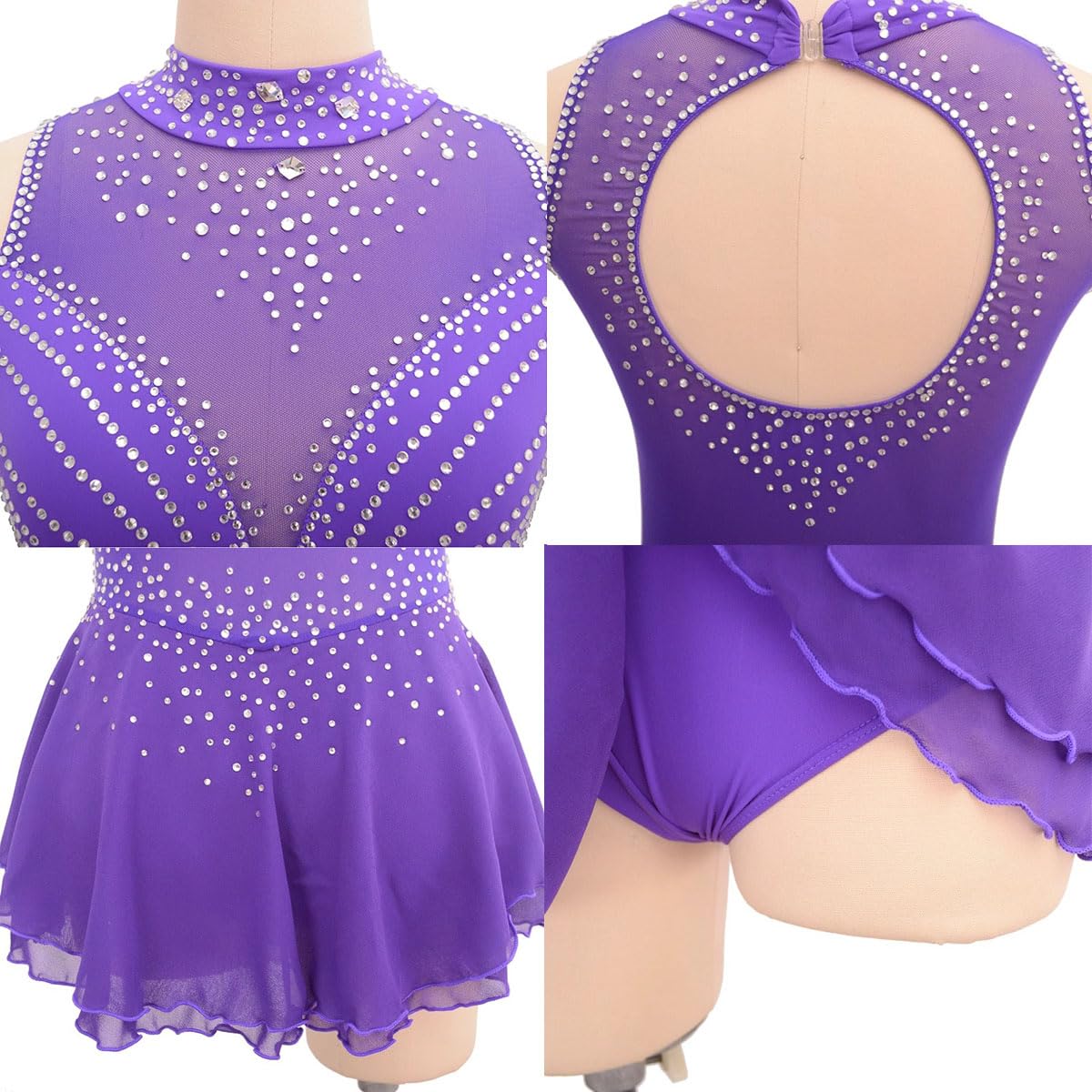Vestido de Danza Patinaje Hielo para Mujer Maillot de Danza Maillot de Danza Moderna con Pedrerías Brillantes Leotardo de Baile sin Mangas Disfraz Bailarina