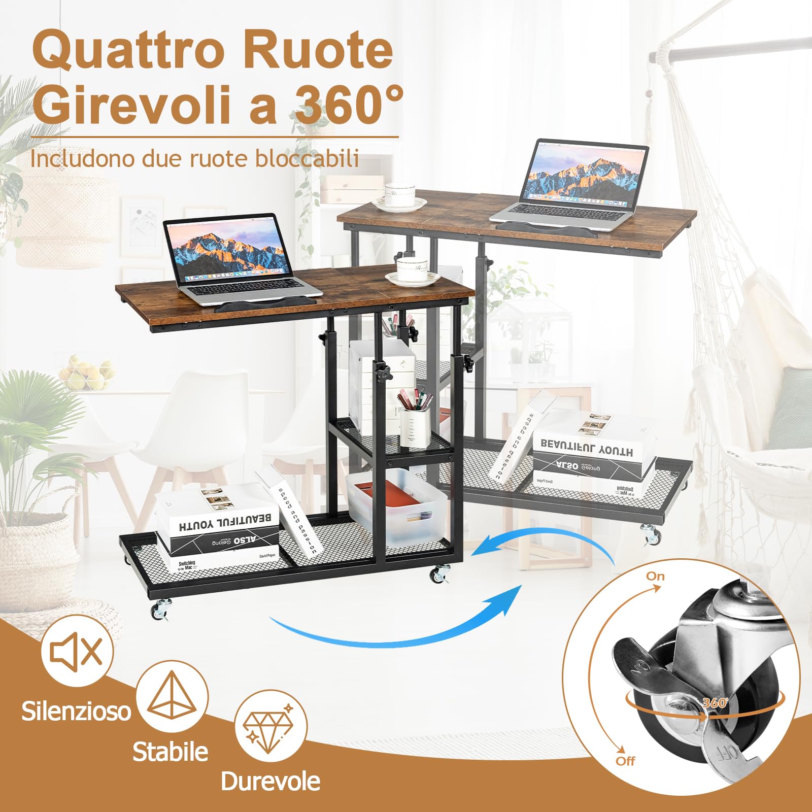 GYMAX Tavolino Regolabile a Forma di C, Tavolino da Divano con Piano Inclinabile, con Ruote Girevoli a 360°, per Soggiorno e Camera da Letto (caffè)