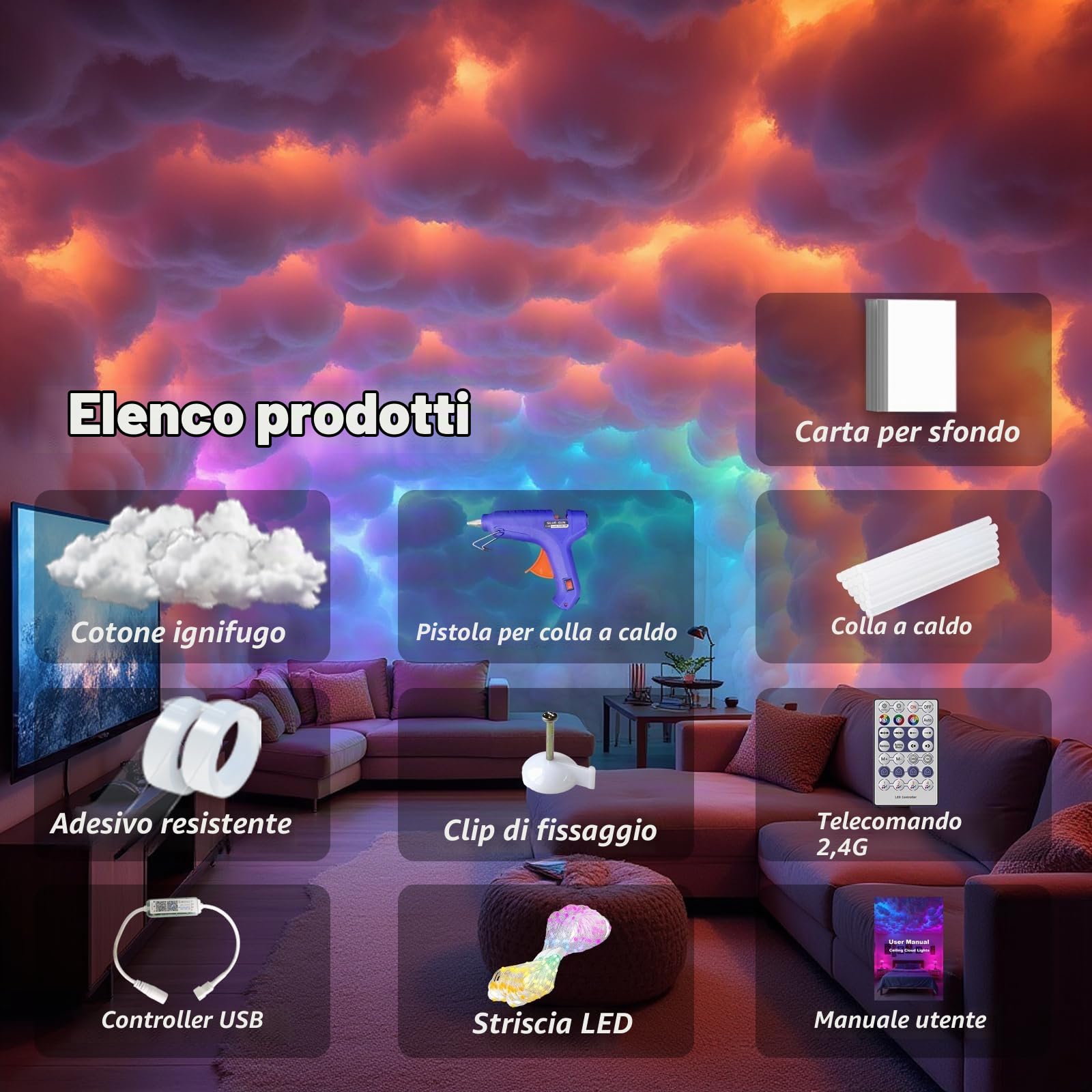 Lampada a LED a forma di nuvola, per fai da te, RGB+IC, sincronizzazione musicale, 3D, in cotone, con app e telecomando, per decorazione (5 m)