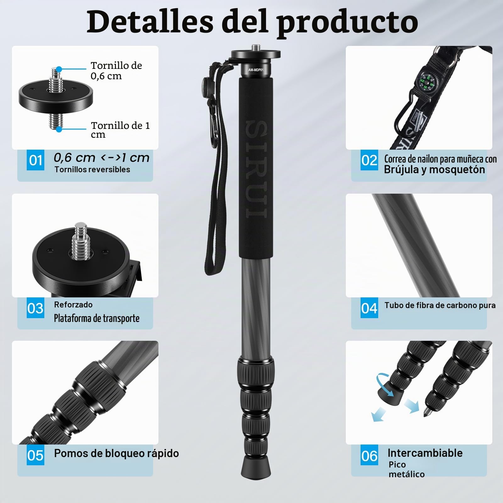 SIRUI Monopié de Fibra de Carbono para Cámaras, 65" Compacto Ligero Monopié de Viaje, 5 Secciones, Soporte para Teléfono Incluido, Carga hasta 22lbs/10kg, AM-MDP01