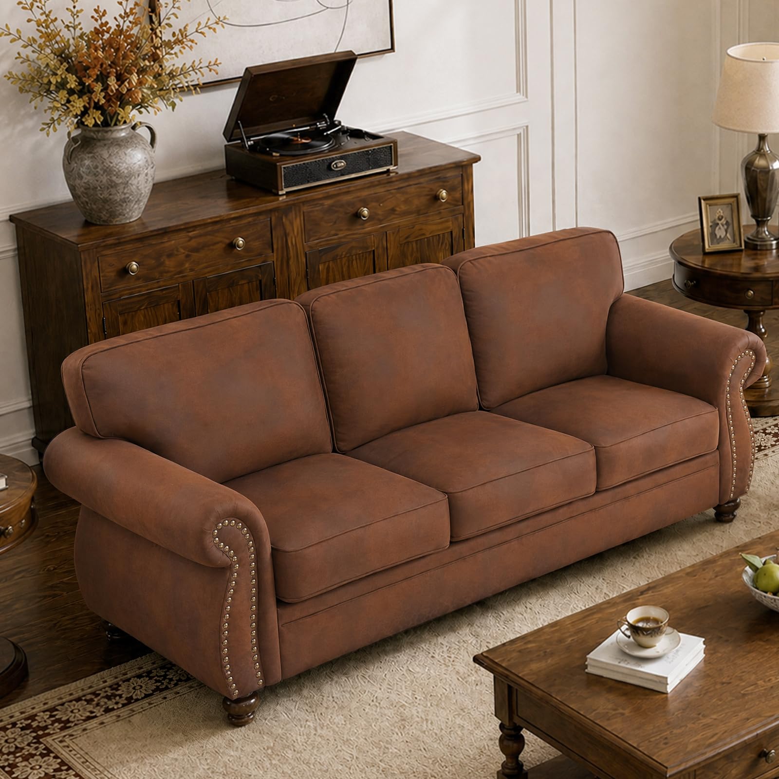 Couchus 88" W 3-Seater Sofa Couch, Faux Leather Fabric Sofas, Caramel Rust