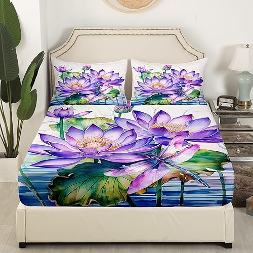 Miniatura 3 de Manfei Sábana bajera ajustable de flor de loto morado, tamaño individual, juego de ropa de cama bohemio de libélula de 2 piezas para niños, niñas y