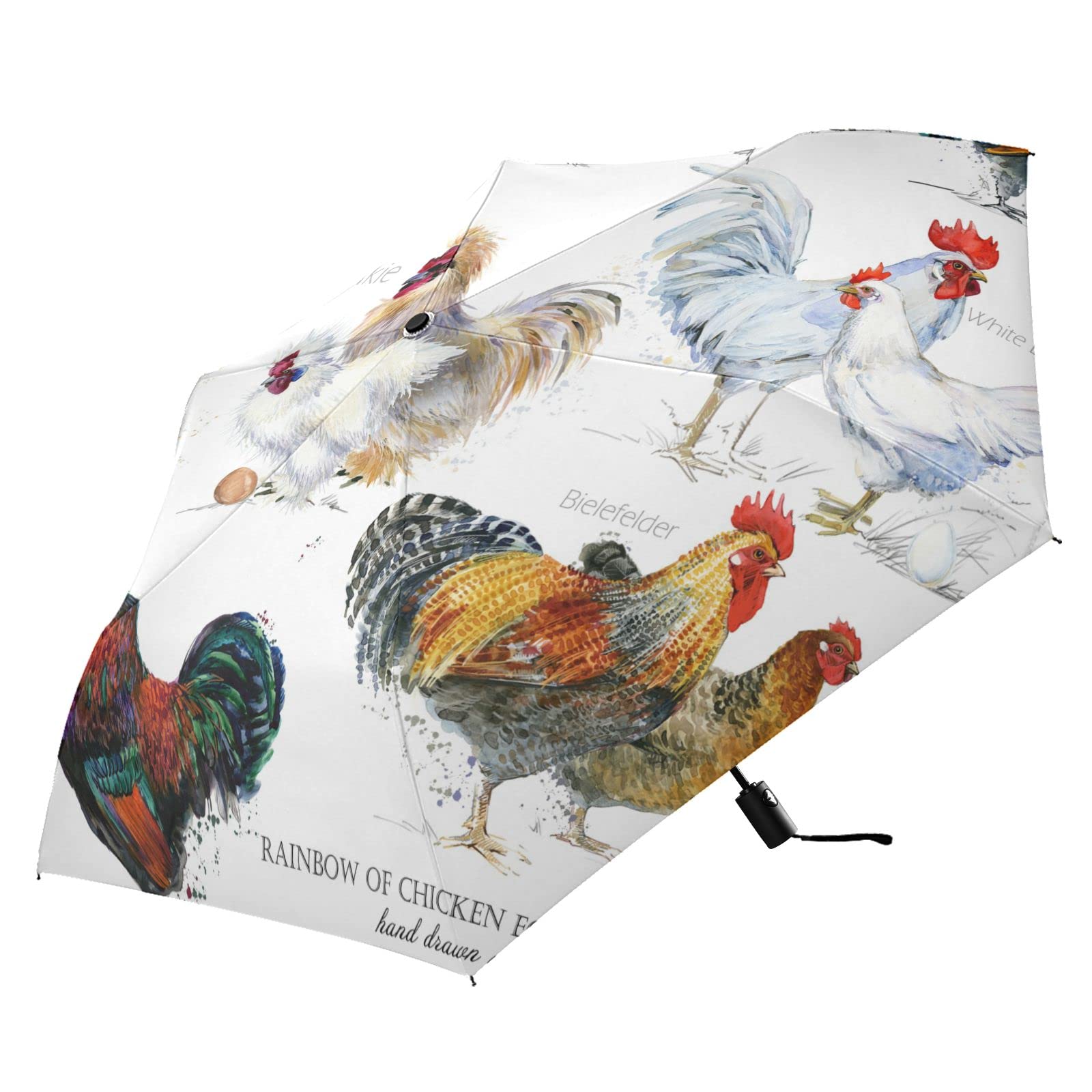 Poeticcity Unisex Black Chicken Hen Rooster Breed Collection Poultry Domestic Farm Birds Automatic Lightweight Folding Umbrella, Auto Open/Close Portable Sun Travel Parasol, Compact Anti-Uv Strong Rain Umbrella
