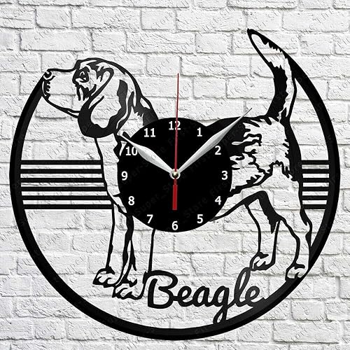 Beagle - Reloj de pared de vinilo para decoración del hogar, hecho a mano, regalo de personalidad artística (tamaño 12 pulgadas, color negro)