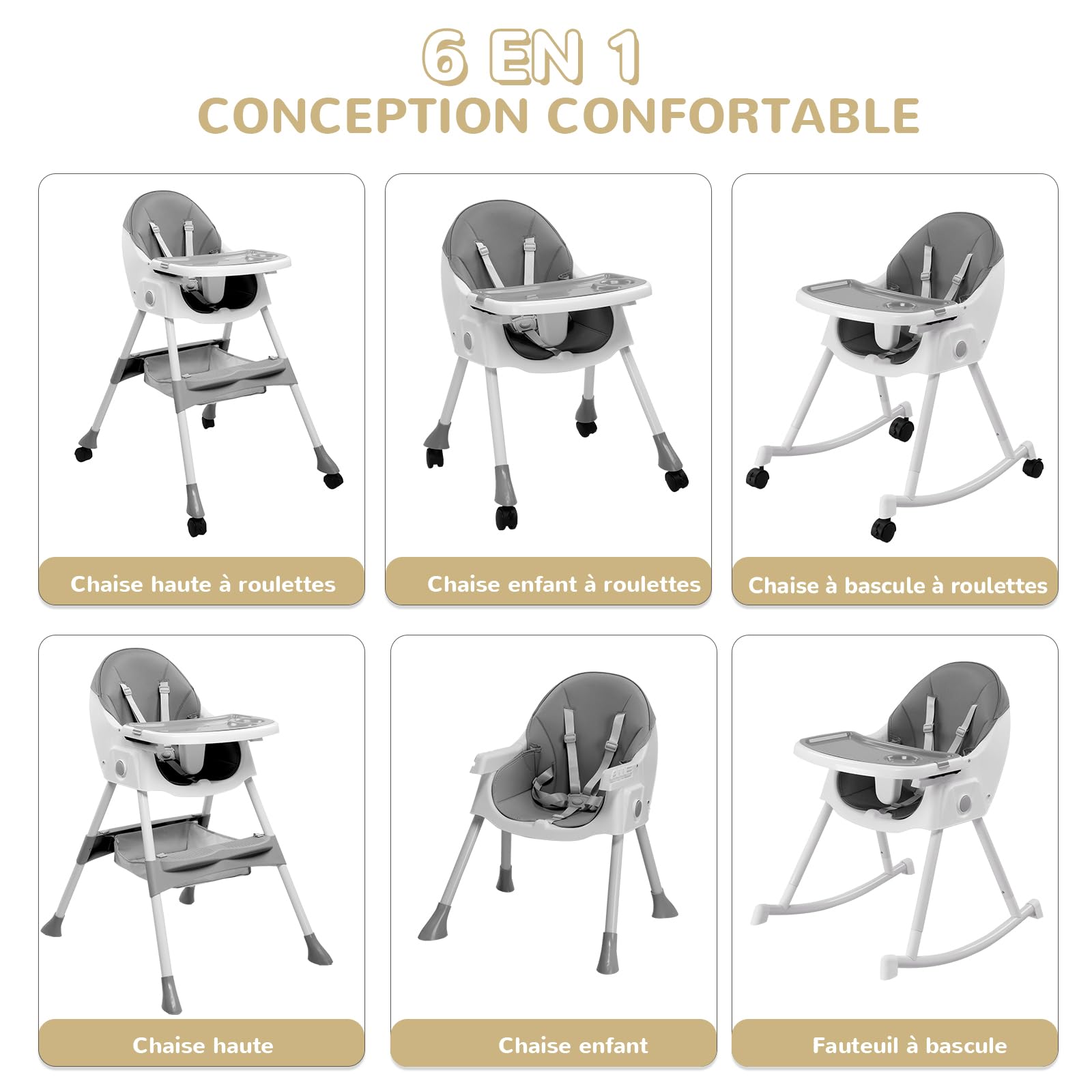 LEADZM 3 en 1 Chaise Haute Bébé Pliable, Plateau Double Amovible, avec Roulettes Pivotantes et Panier de Rangement, Convient aux Bébés de 6 à 36 Mois (Gris)