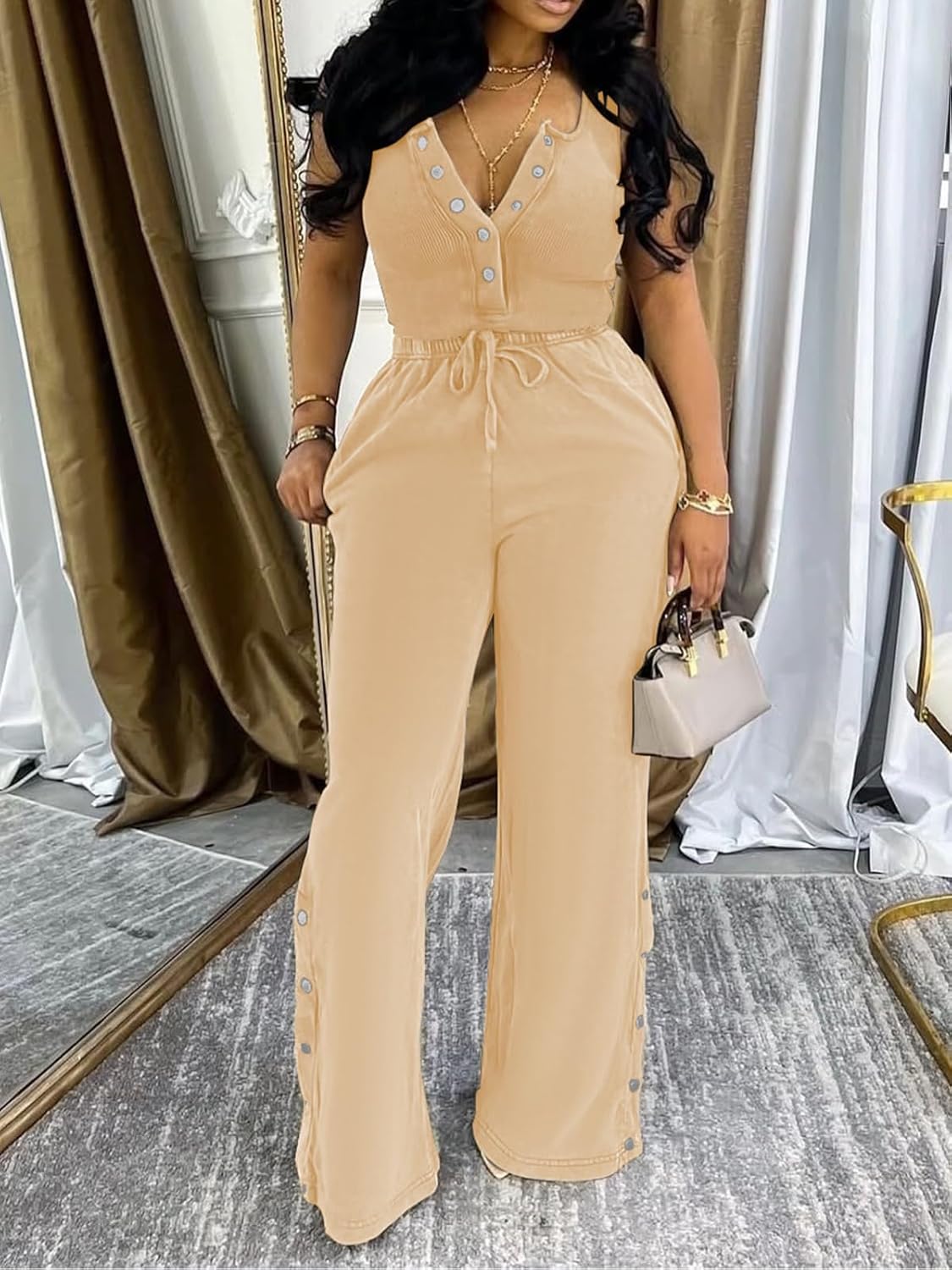 Two Piece Sets for Women Summer Casual Sleeveless Button Crop Top Drawstring Wide Leg Pants Set - Image 3