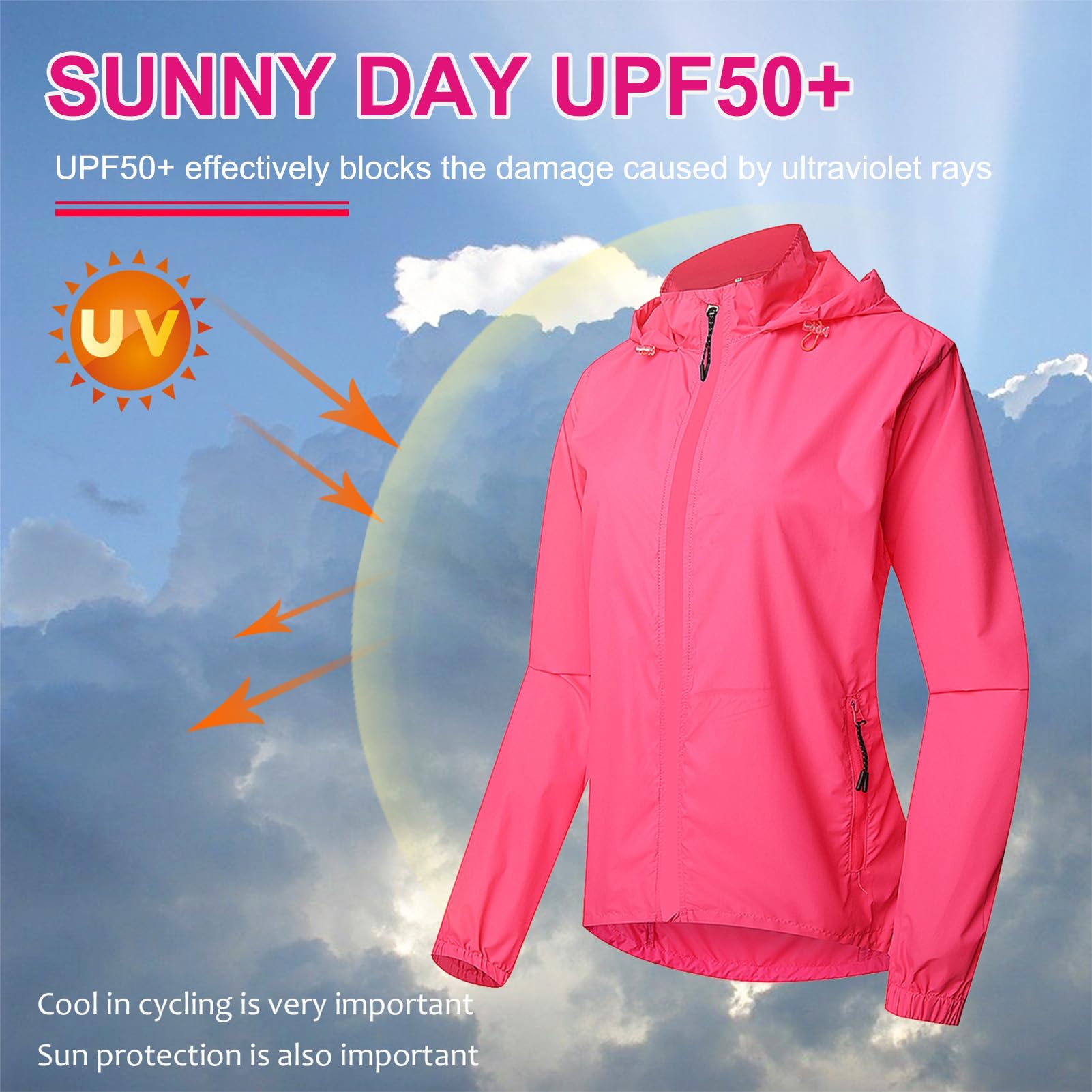 Fractilian Chaqueta de Ciclismo para Mujer Impermeable Transpirable con Capucha Cortavientos 2 en 1 Protección UV Chaleco de Bici Reflectante con Mangas Extraíbles