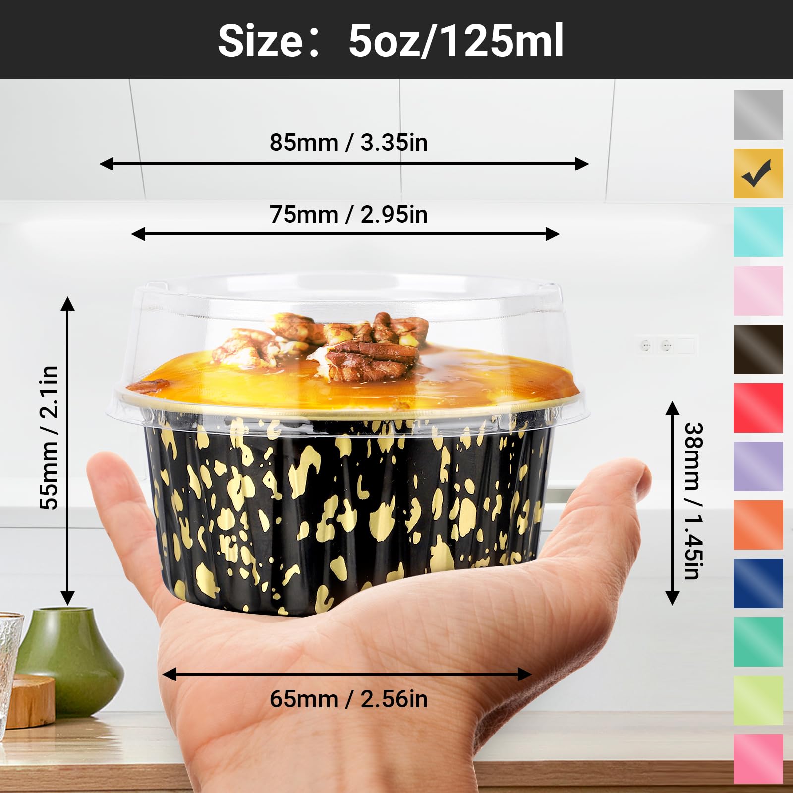 EUSOAR Mini moldes para tartas con tapas, 100 ramequines desechables de 5 onzas con tapas, recipientes de postre, moldes de papel de aluminio para hornear magdalenas para fiestas, porción individual,