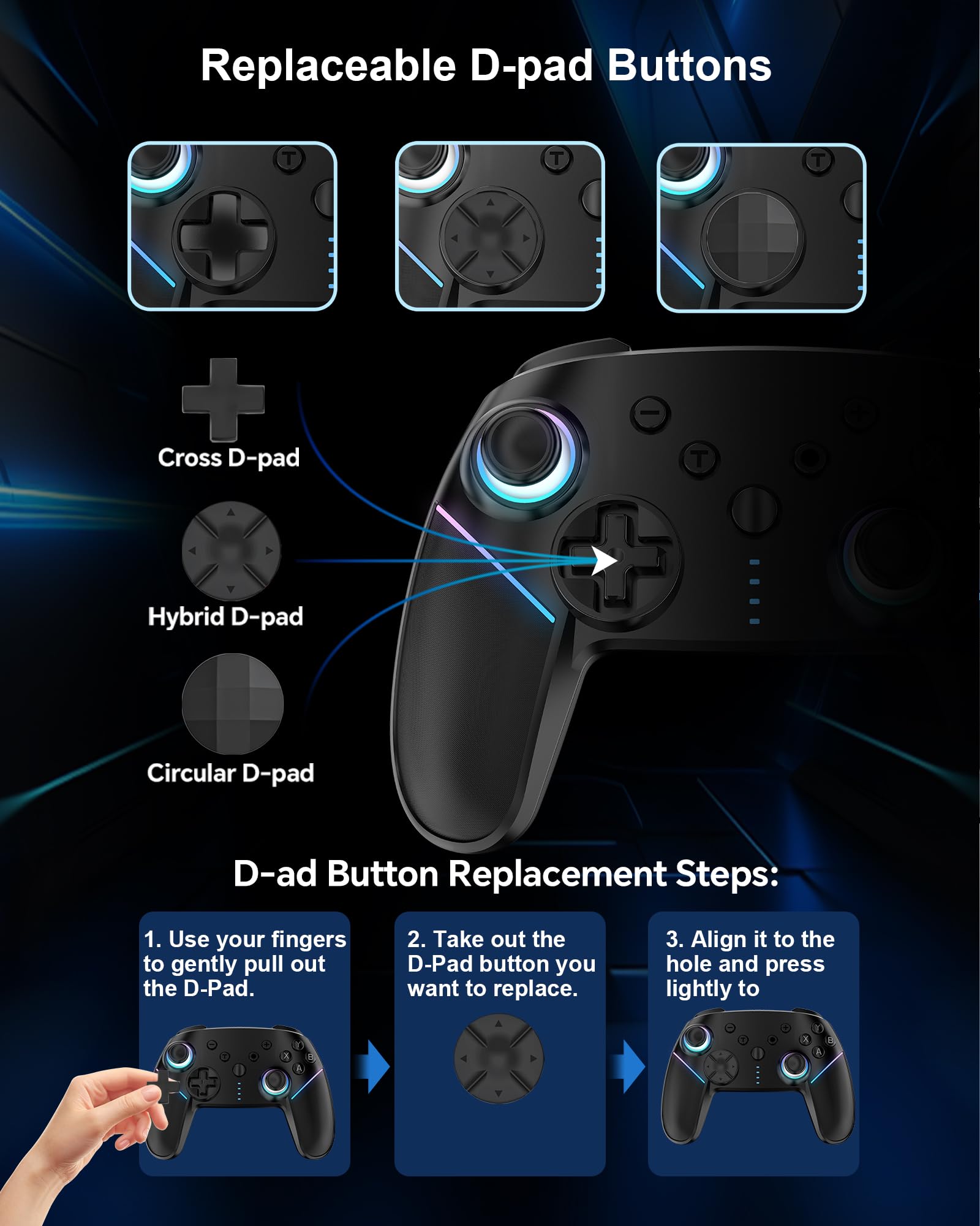 Cehensy Manette Switch Sans Fil pour Nintendo Switch/Lite/OLED/PC, Manette Switch Pro avec LED RGB 9 Couleurs,Batterie 950 mAh,Programmable,Wake Up,Turbo,6 Axis Gyro,Dual Vibration,Noir