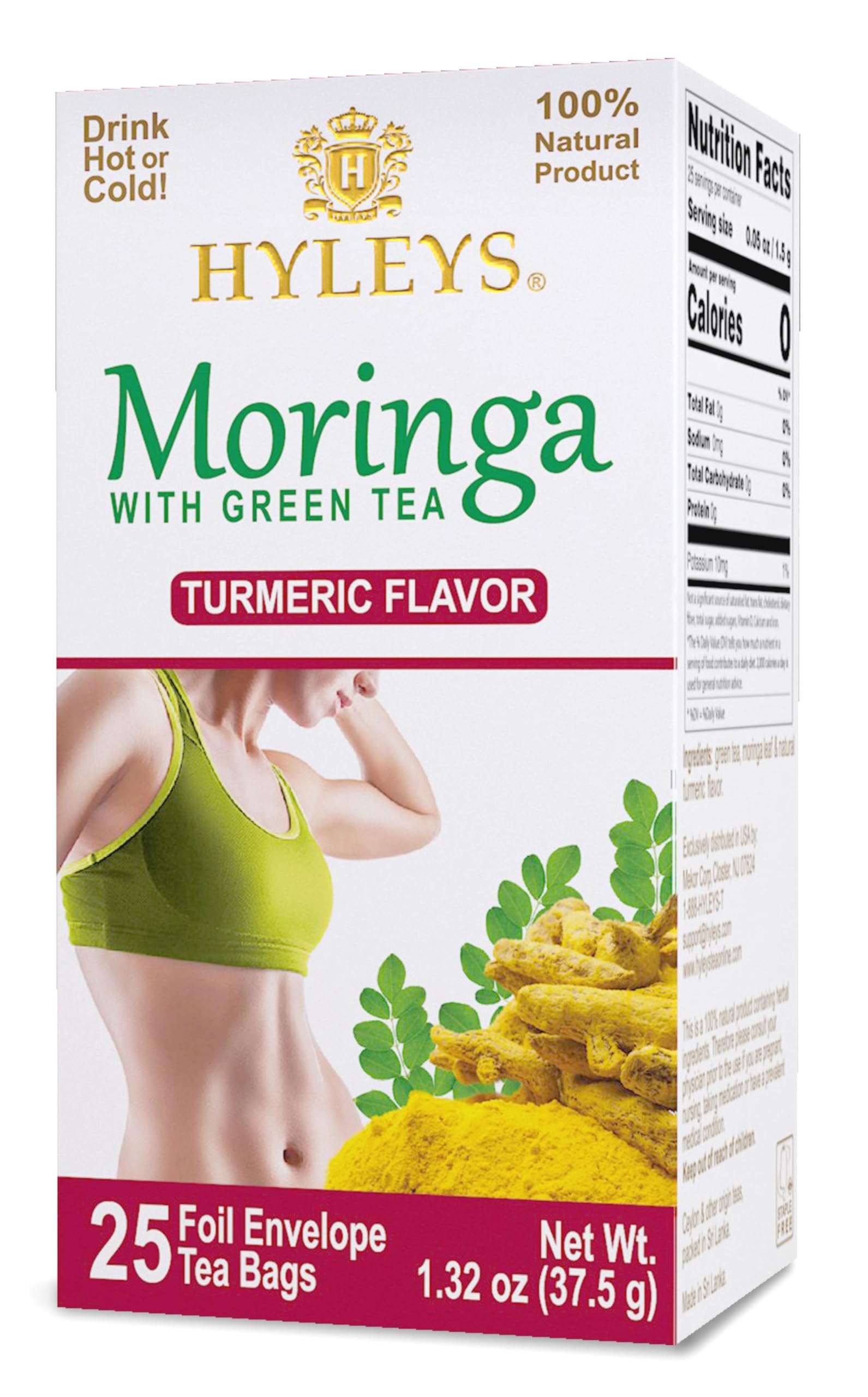 HYLEYS Moringa and Turmeric Green Tea, 100% Natural, Vegan, 25 Tea Bags Turmeric 25 Count (Pack of 1)