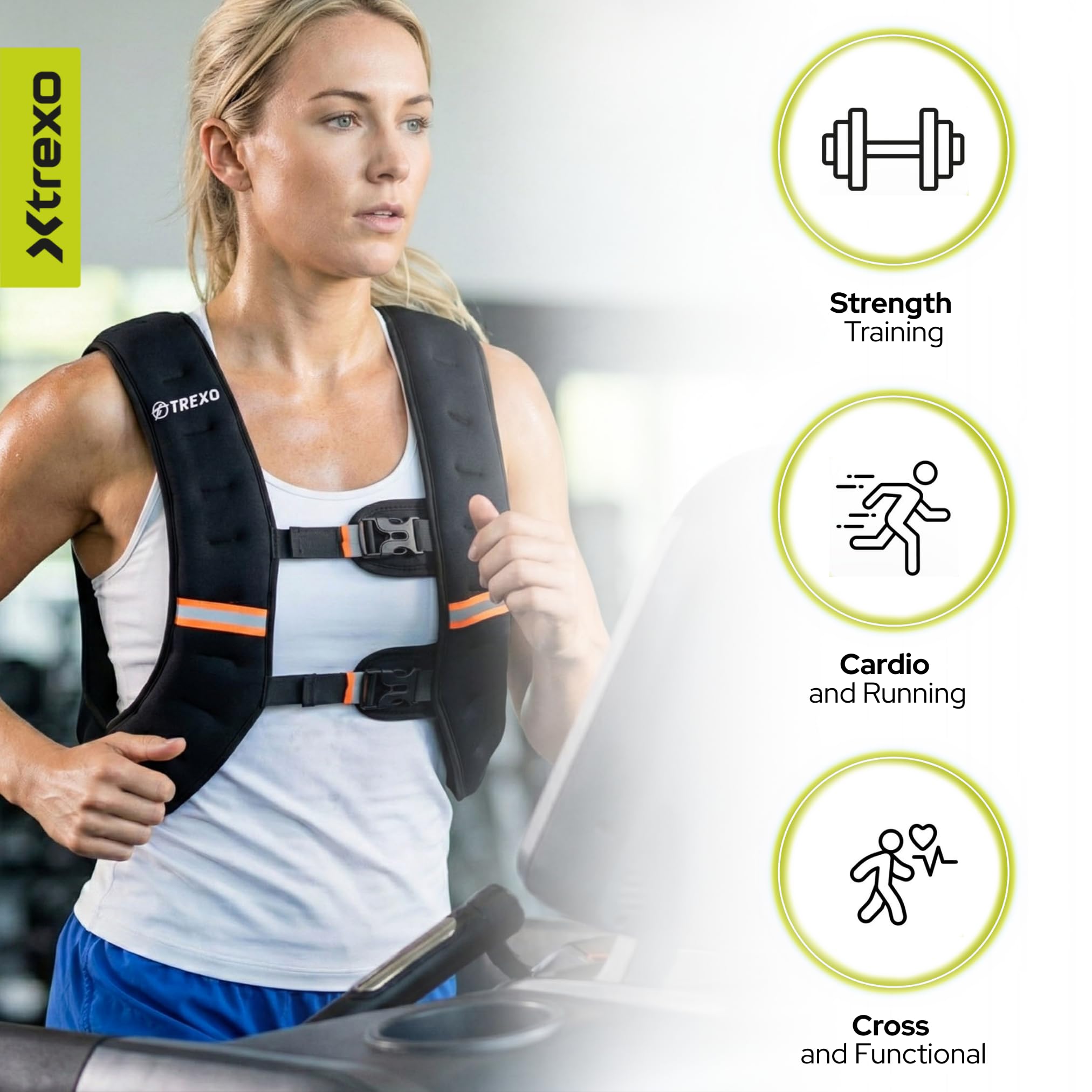 TREXO Kamizelka treningowa z obciążnikami 5|8|10 kg wypełniona stalowymi kulkami, rozmiar uniwersalny, odblaskowe paski, ciężarki, bieganie, trening siłowy, czarna