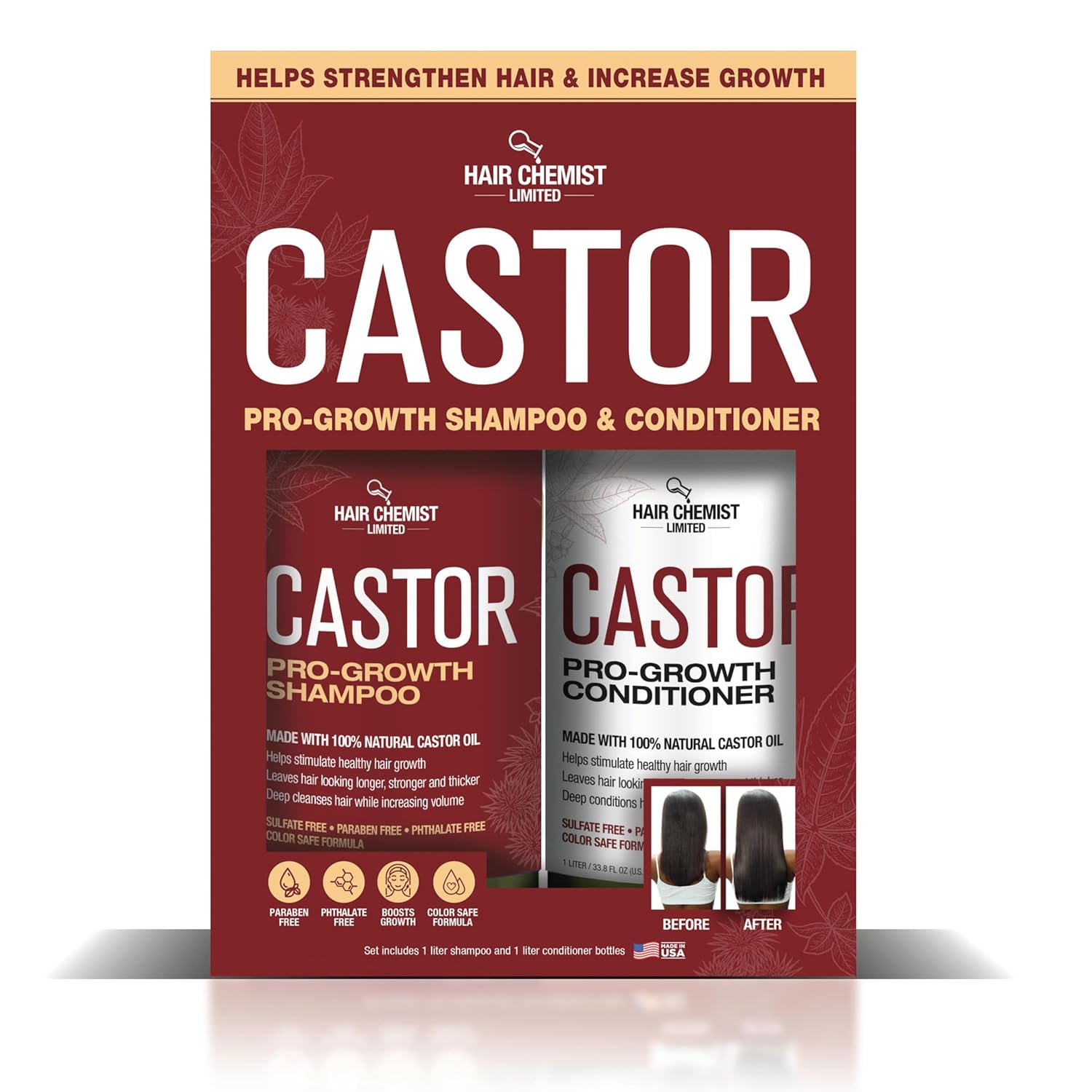 Hair Chemist Castor Pro-Growth Shampoo 33.8 oz. AND Conditioner 33.8 oz. 2-PC Boxed Gift Set - Made with Natural Castor Oil for Hair Growth, Sulfate Free Shampoo & Conditioner Set