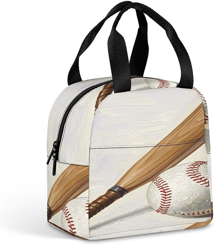 Hand Drawn Baseball Bats And Ball Insulated Lunch Bag, Reusable Compact Cooler Tote Lunchbox, Small Lunch Box for Work Travel Outdoor