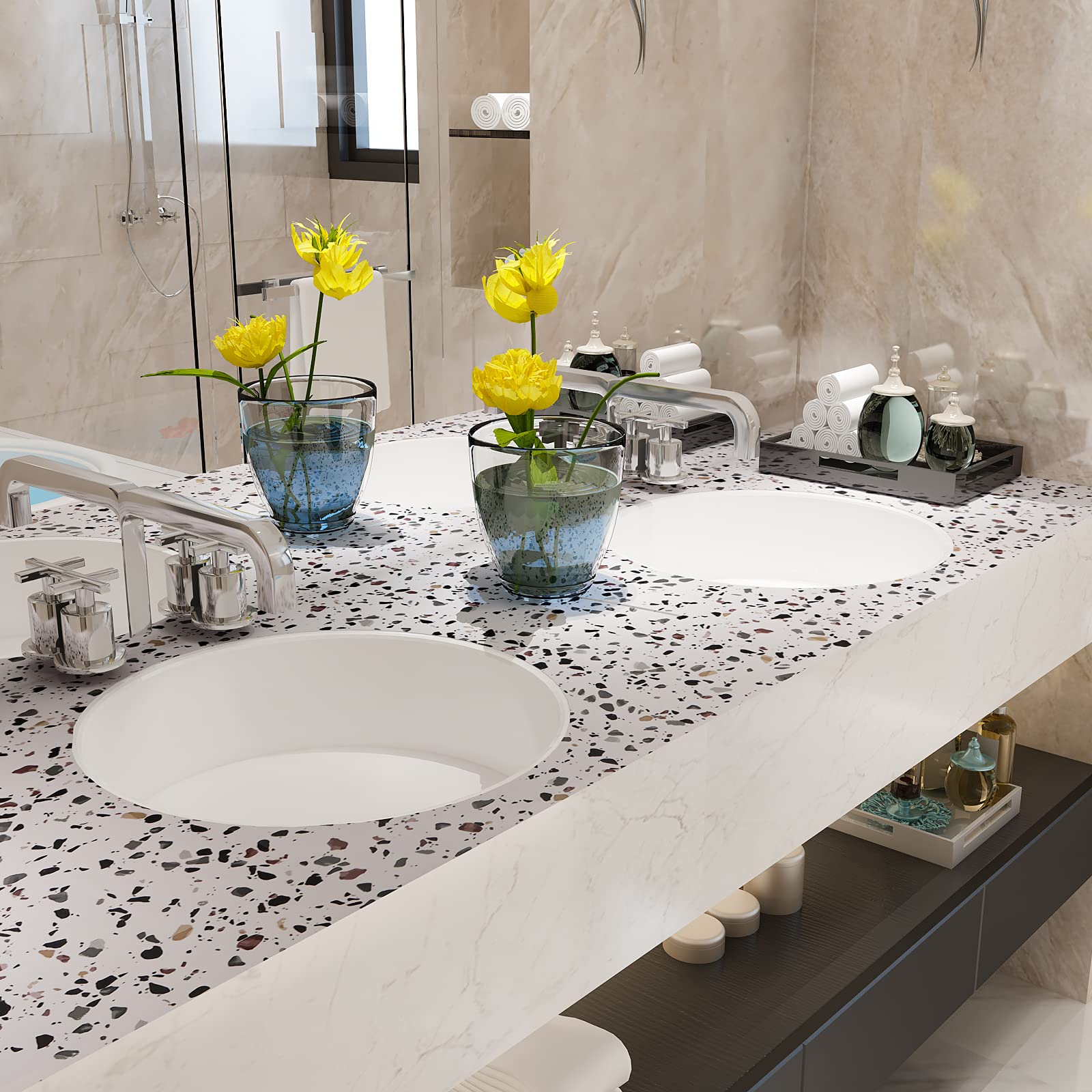 VEELIKE Papel Pintado Granito Blanco 60 cm x 900 cm Papel de Pared Terrazzo Papel Adhesivo Marmol Blanco Papel Tapiz Impermeable para Cocina Encimera Papel Autoadhesivo Pared Lavable Baño Salon Decor