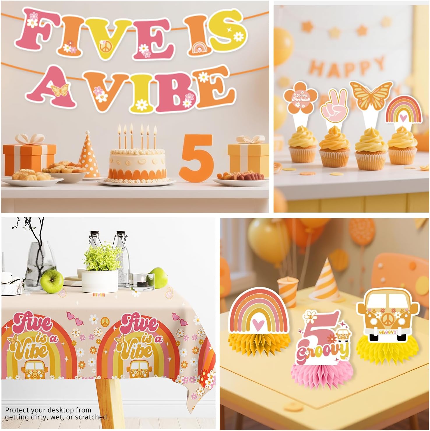 201pcs Five is a Vibe Birthday Party Decorations Tableware Set, 25pcs 5 is a Vibe Thick Plates Banner 2pcs Tablecloths and Cake Topper with Cupcake Toppers for 5th Birthday Decorations Girl, Serves 25