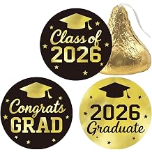 Anwyll 240Pcs Graduation Candy Kisses Stickers Class of 2026 Stickers 0.75'' Graduation Party Favors Decoration Sticker Self Adhesive Congrats Grad Sticker for Senior College ChocolateGold&Black