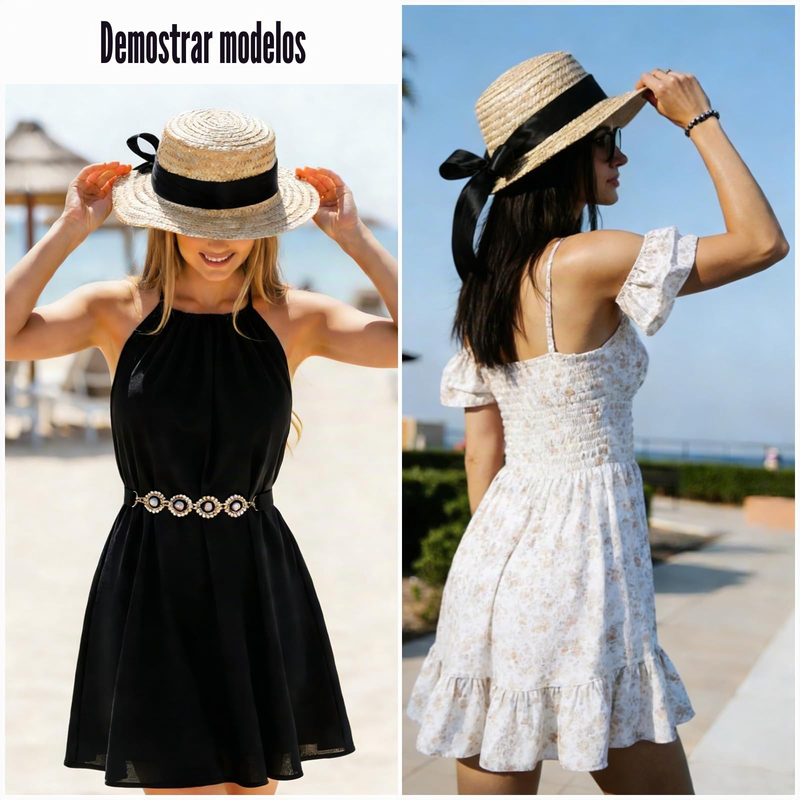 Sombrero de paja para mujer, paja de trigo con lazo decorativo, sombrero para el sol con protección UV 50+ para playa, vacaciones y verano