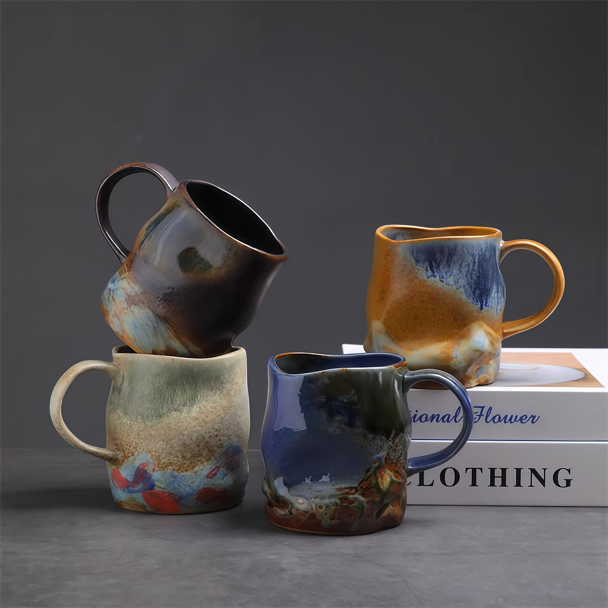 Tazas de café de cerámica hechas a mano, tazas con cuchara de café, 325 ml, taza de cerámica hecha a mano con asa, pintura a mano, tazas de té únicas de superficie desigual, aptas para