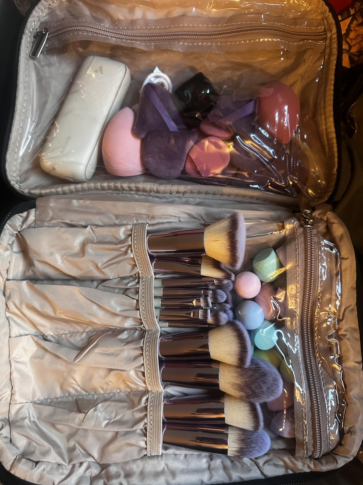 NISHEL Large Double Layer Travel Makeup Bag Women, Cosmetic Case, Organizer for Travel-Size Accessories Bottles, Brushes, Conditioner, and Skin Care Products, Black