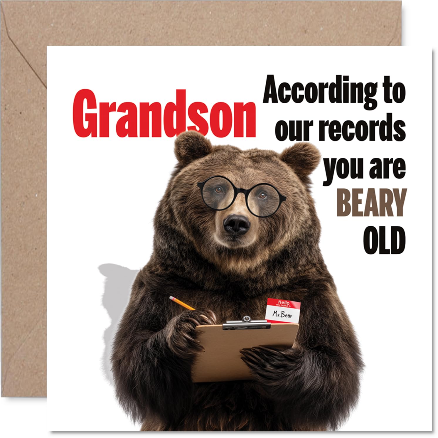 Playful Birthday Card for Grandson - A Little Bear-faced Cheek - Funny Bear with Glasses and Clipboard - 145mm Square, Envelope Included