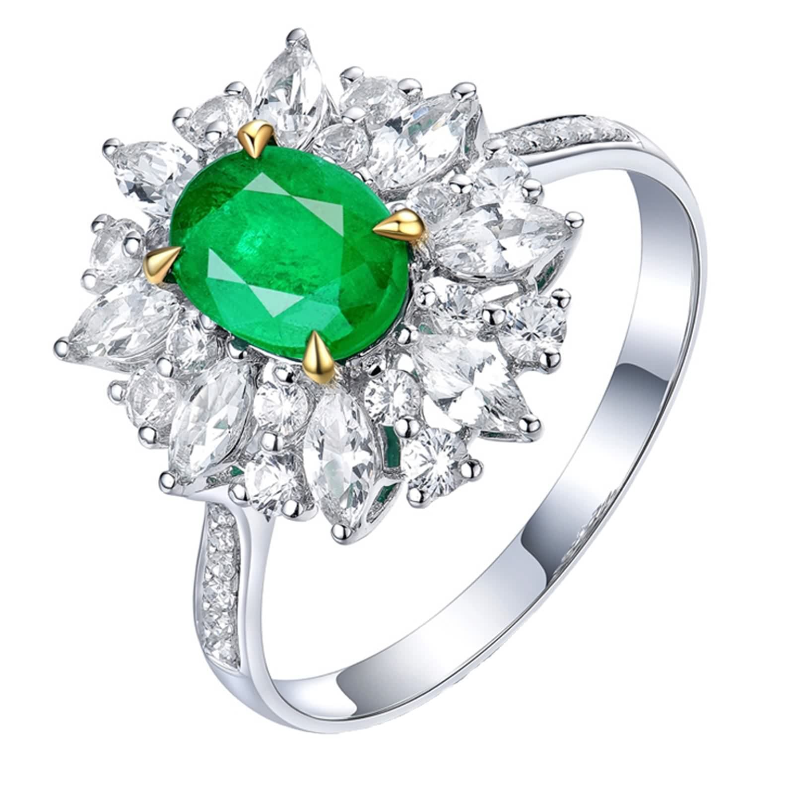 Alianzas Boda Plata, Anillos Mujer Bisuteria Óvalo de 4 Garras con Incrustaciones de Forma de Flor Esmeralda Creada En Laboratorio