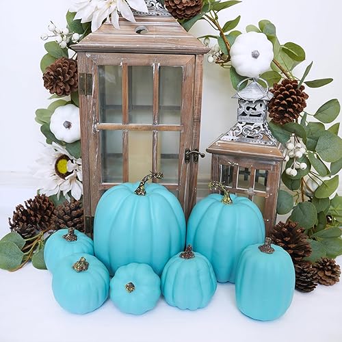 Miniatura 7 de Winlyn 7 calabazas artificiales surtidas de color azul verdoso para Halloween, calabazas decorativas costeras de espuma para otoño, baby shower,