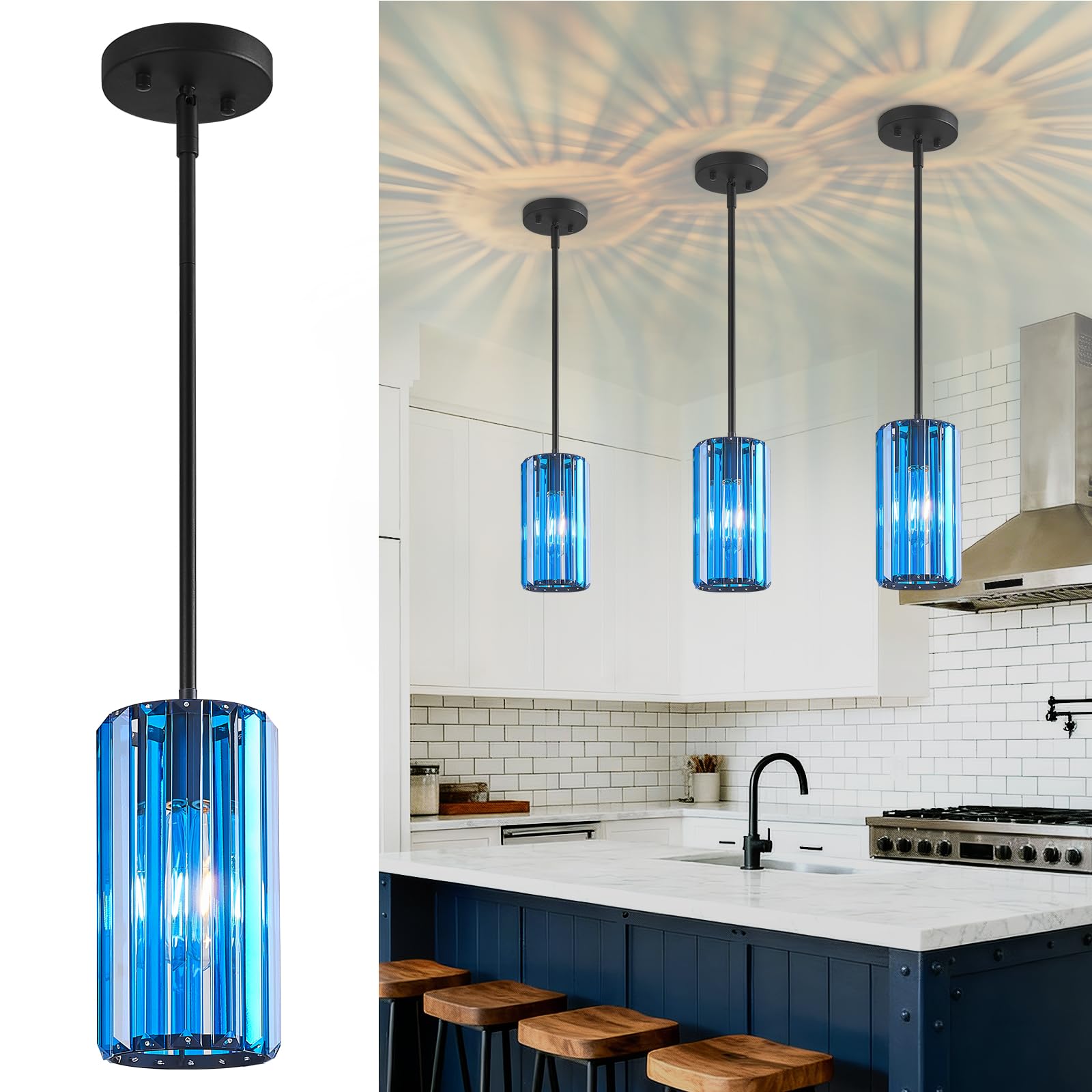 Modern Crystal Pendant Light Mini Dark Blue Chandeliers Adjustable Pendant Lights Fixture for Kitchen Island Dinning Room Corridor Bedroom(Dark Blue 3-Pack