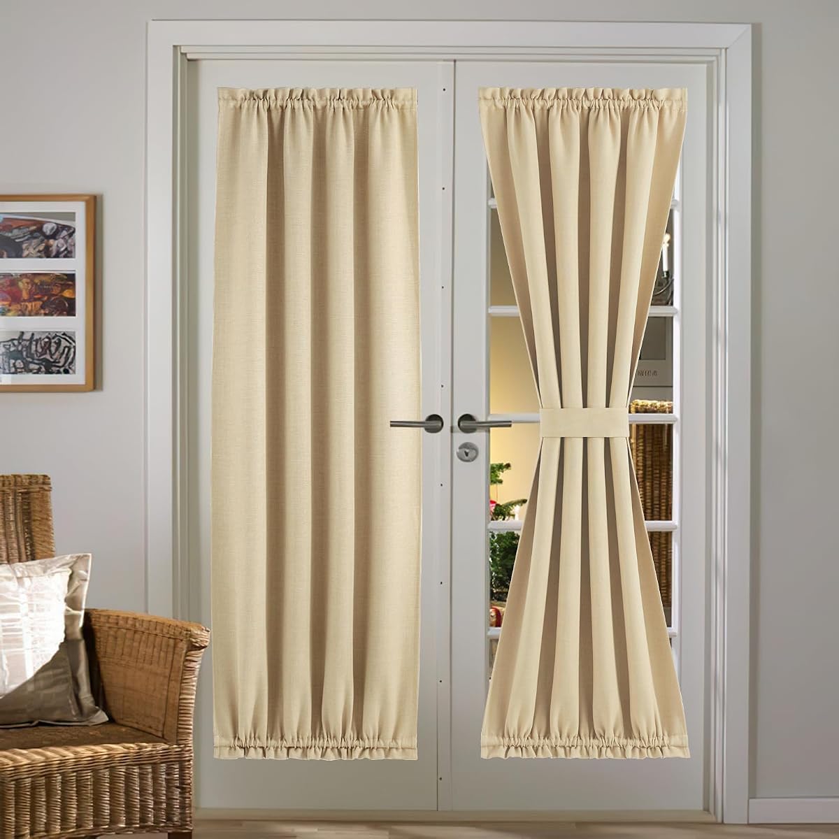 NICETOWN Faux Linen Curtain for French Door - Thermal Insulated Room Darkening Curtain Panel, Rod Pocket Noise Reducing Single Door, 36 x 72 Inches, 1 Panel, Oatmeal