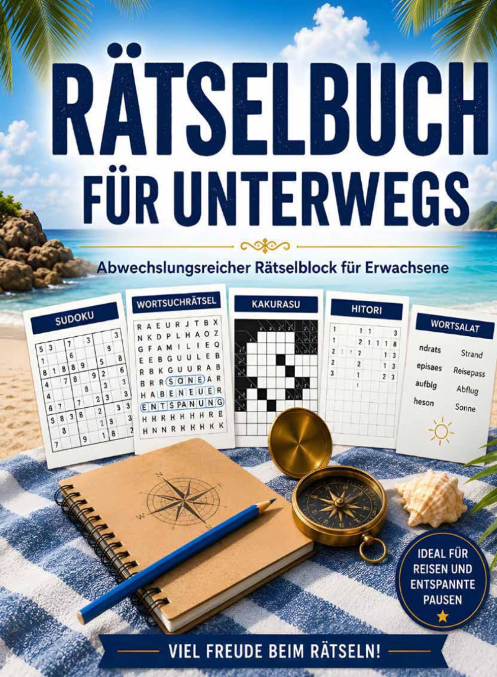 Rätselbuch für unterwegs: Erwachsene: Abwechslungsreicher Rätselblock mit Sudoku, Kreuzworträtsel, Kakurasu, Wörtersuche & Hitori– Reisespiele für Erwachsene zum Mitnehmen