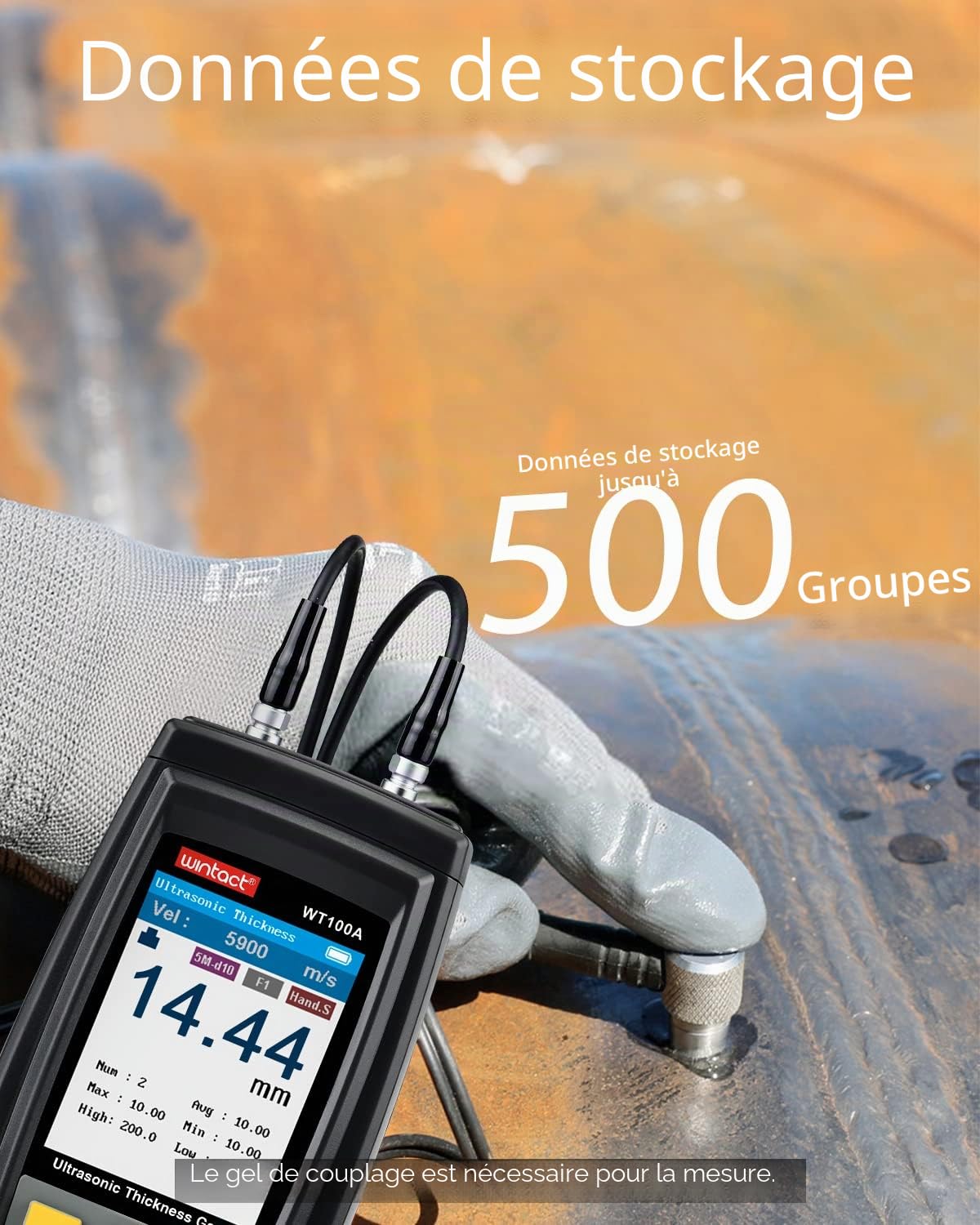 Wintact Enregistreur de données de compteur d'épaisseur à ultrasons numérique haute résolution de 0,001 pouce pour plaque de cuivre en métal en aluminium en acier, ultrasonique portable