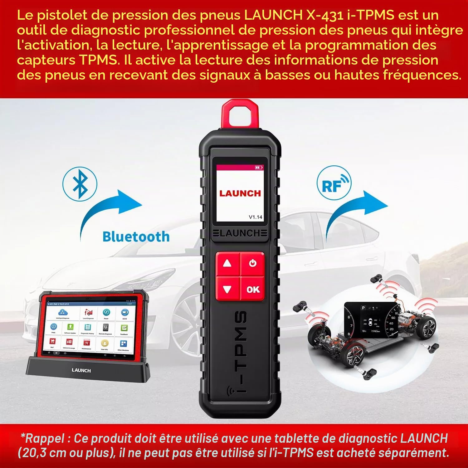 LAUNCH X-431 i-TPMS Outil de Réapprentissage TPMS Détecteur de Pression des Pneus, Activation/Réapprentissage/Programmation des Capteurs, Fonctionne w/ X431 Scanners/i-TPMS APP(peut être utilisé seul)